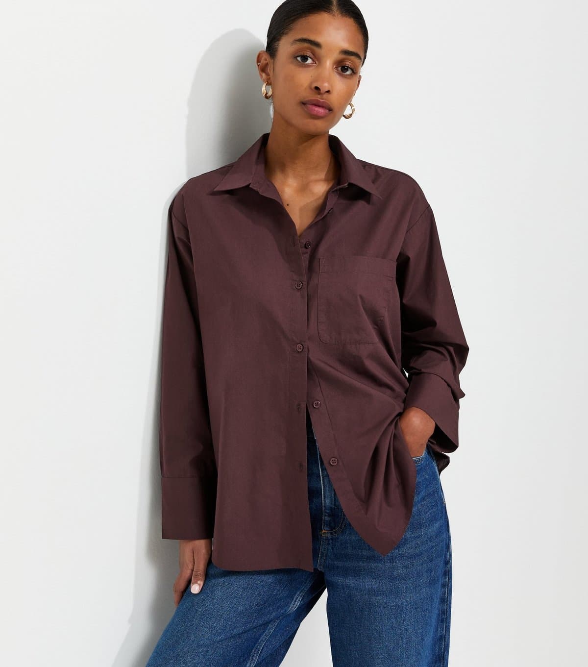 New Look Women's Dark Burgundy Cotton Poplin Long Sleeve Shirt New Look