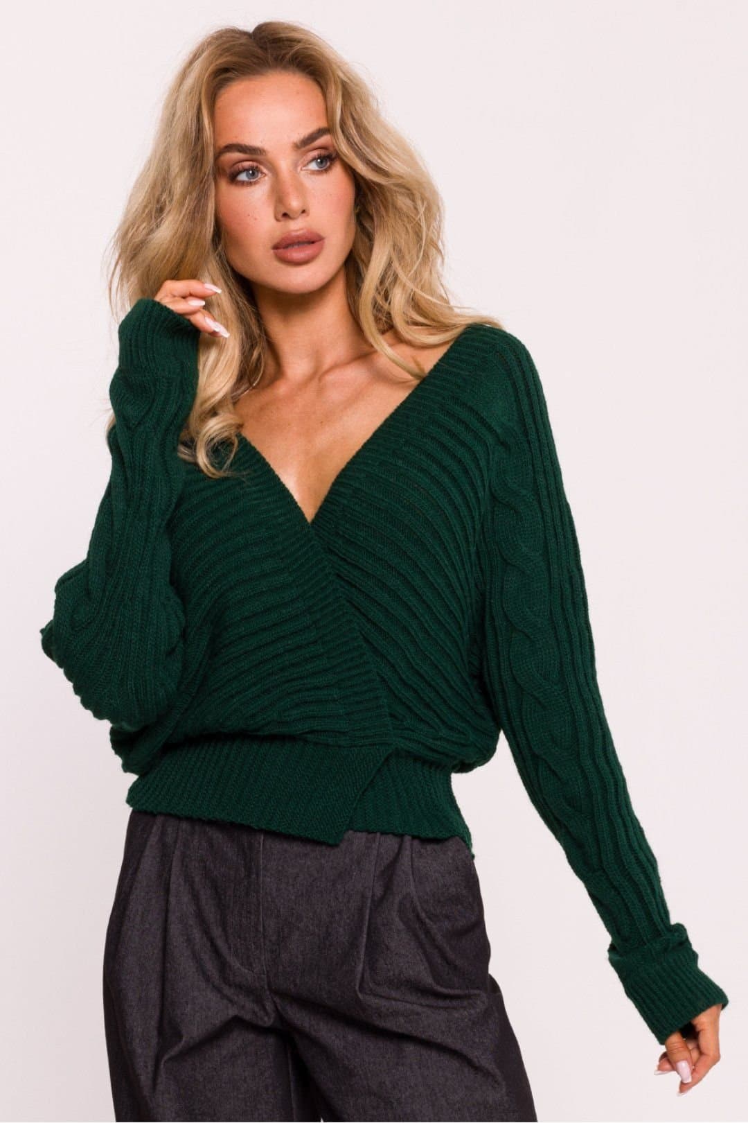 Love Lace Love Lace Women's Striped Wrap Over Short Knit Sweater in Green