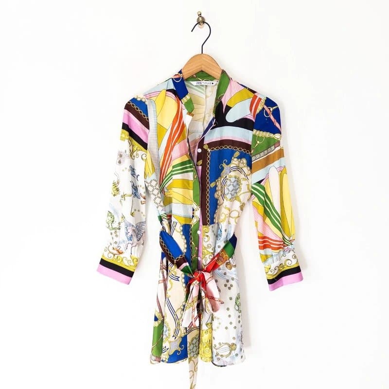 Zara Zara Multicoloured Chain Satin Mini Shirt Dress Size S 8 Scarf Print 2530/083