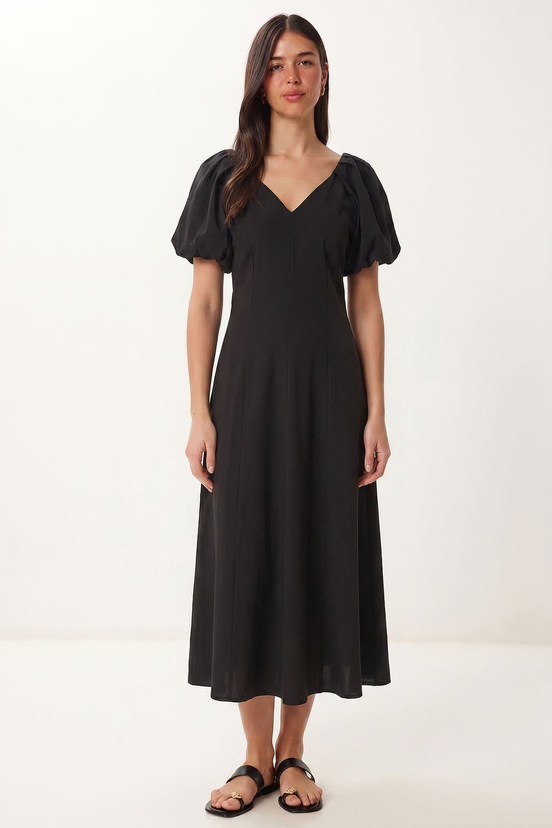Happiness Istanbul Happiness Istanbul Women's A-line Midi Dress With V-neck in Black