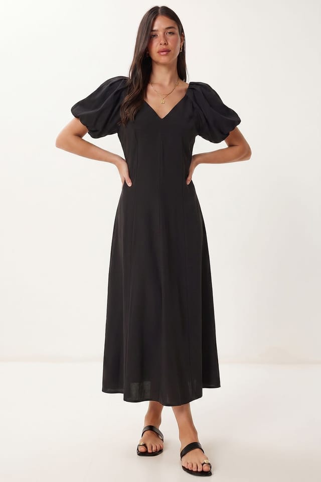 Happiness Istanbul Happiness Istanbul Women's A-line Midi Dress With V-neck in Black - 2