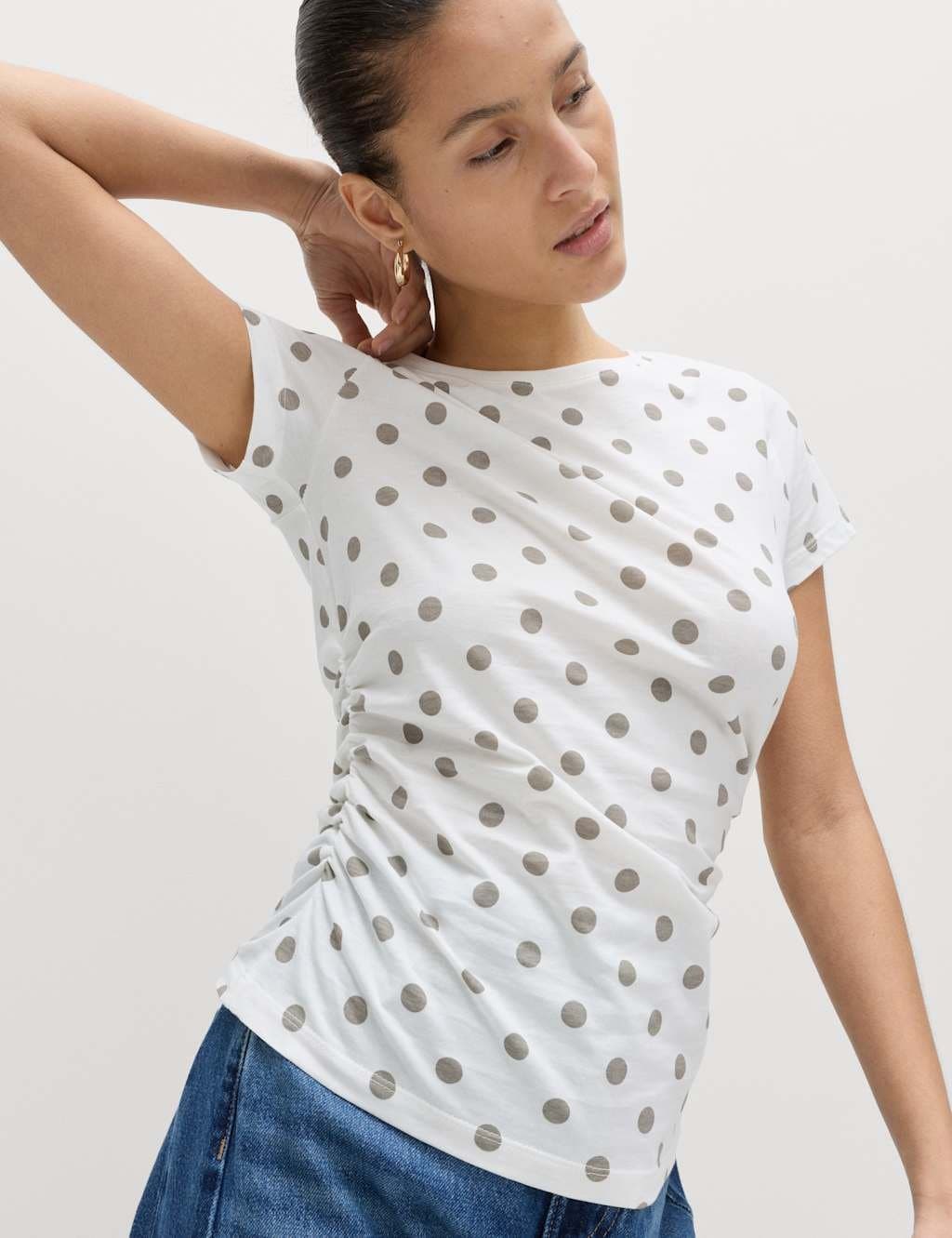 Marks & Spencer M&S Pure Cotton Slim Fit Ruched T-Shirt Ivory Mix