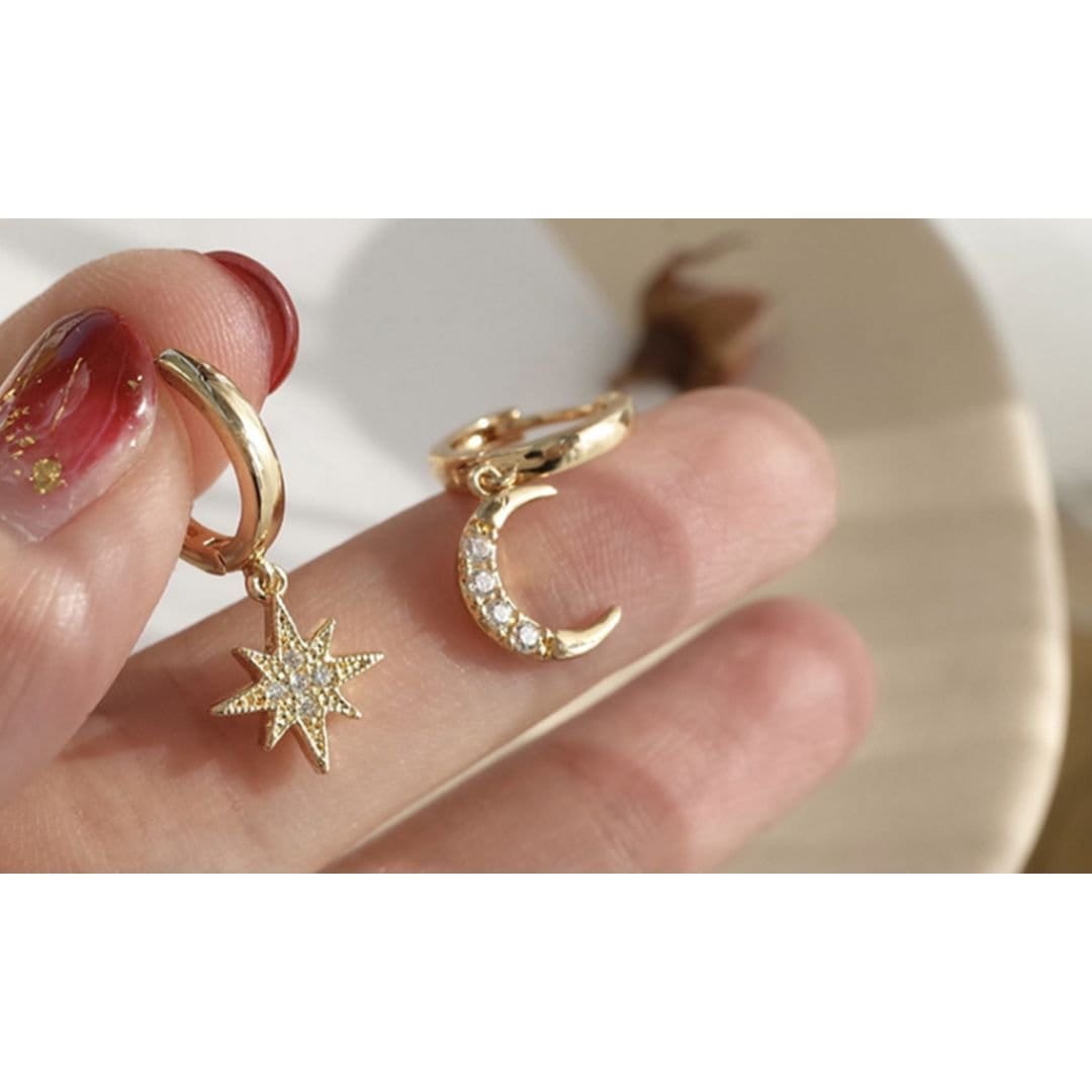 Lovii Lovii Women's Moon & Star Stainless Steel Hoop Earrings - Gold & Silver - 4