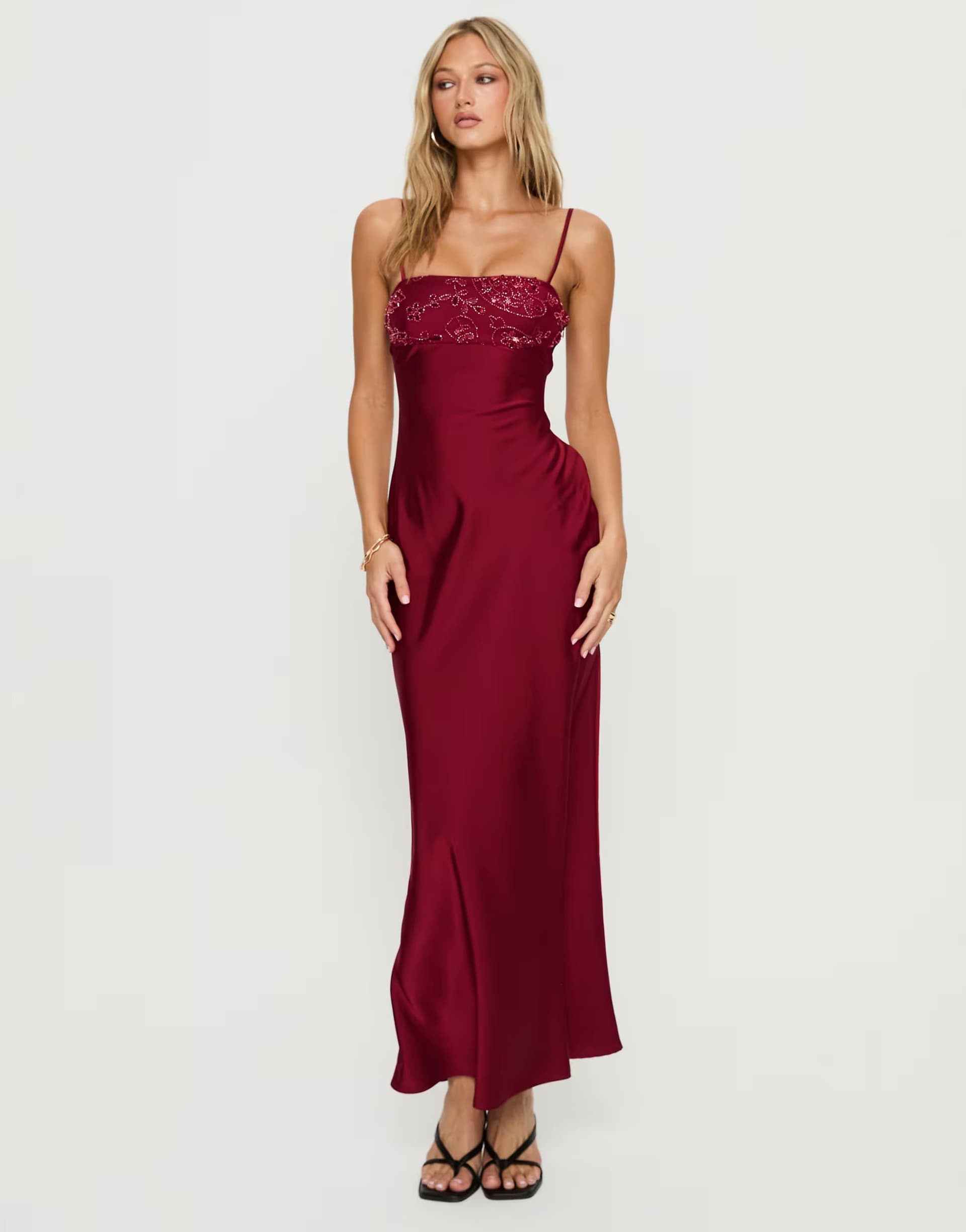 ASOS Princess Polly Engracia satin sequin & bead detail cami square neck maxi dress in burgundy