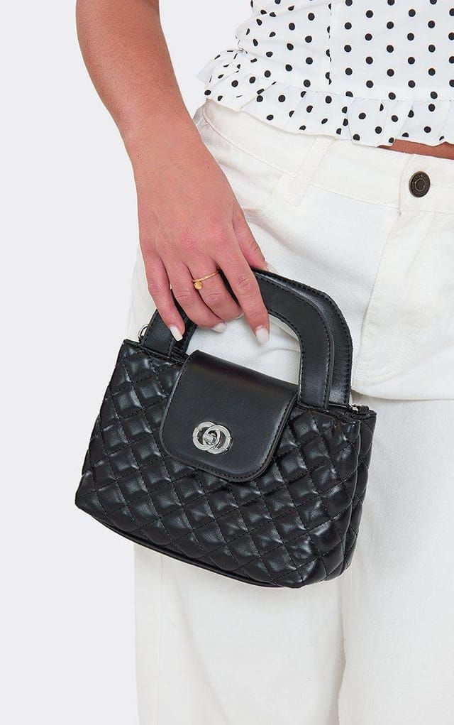 EGO Sullo Logo Detail Quilted Grab Bag In Black Faux Leather, Women's Size UK 0 - 2