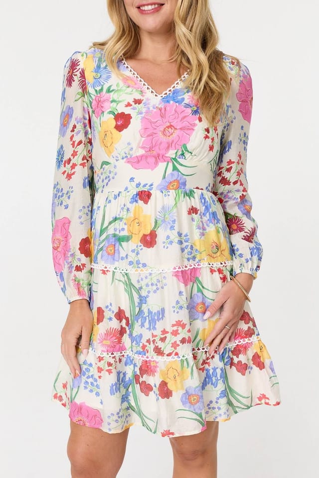 Izabel London Izabel London Women's Floral Long Sleeve Tiered Short Dress in Pink - 2