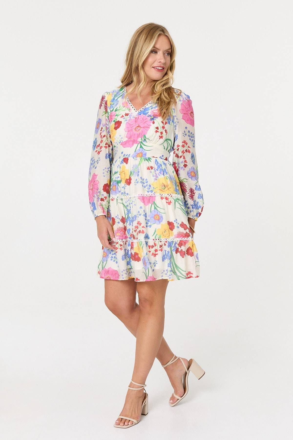 Izabel London Izabel London Women's Floral Long Sleeve Tiered Short Dress in Pink - 4