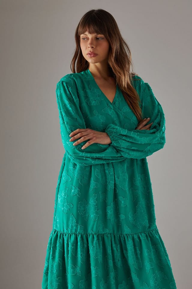Warehouse Warehouse Women's Burnout Chiffon Wrap Smock Midi Dress in Green - 2