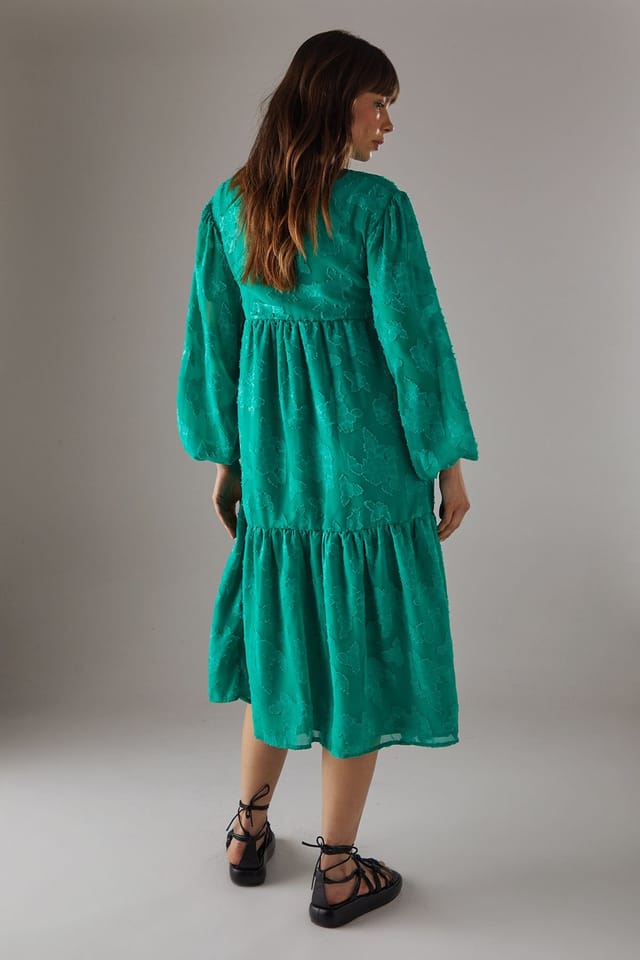 Warehouse Warehouse Women's Burnout Chiffon Wrap Smock Midi Dress in Green - 3