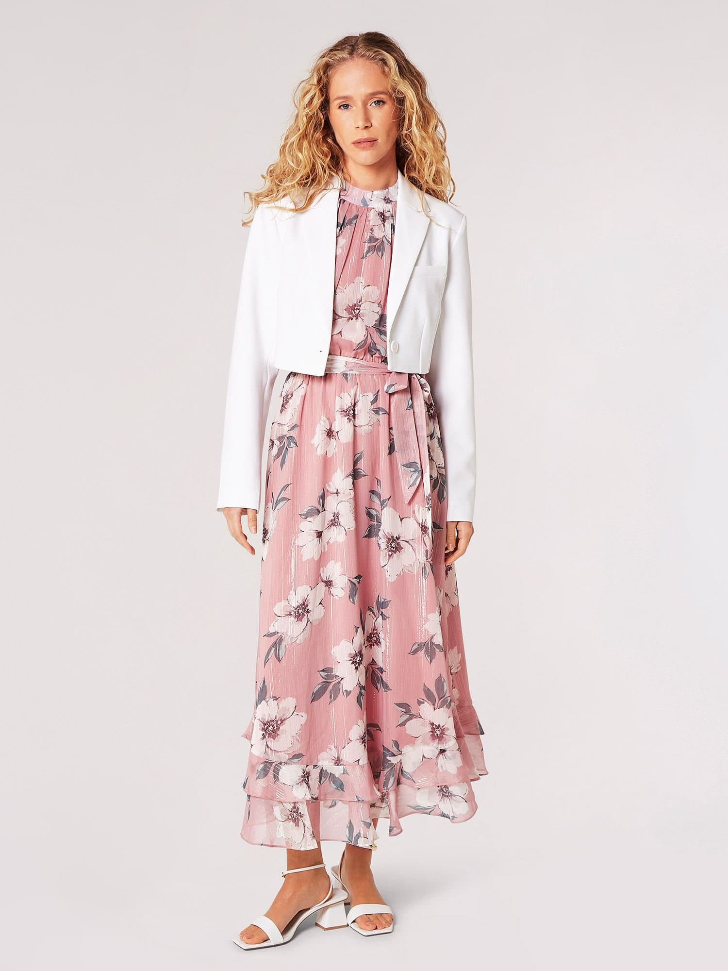 Apricot Apricot Women's Painterly Floral Shimmer Midi Dress in Pink