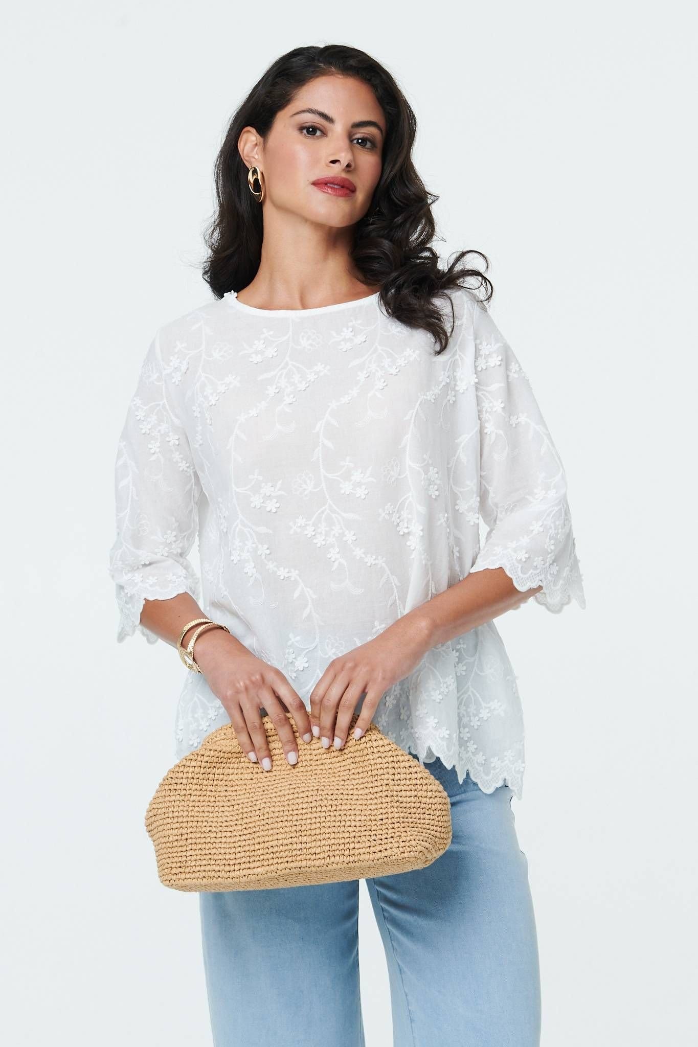 Izabel London White Floral Textured 3/4 Sleeve Blouse