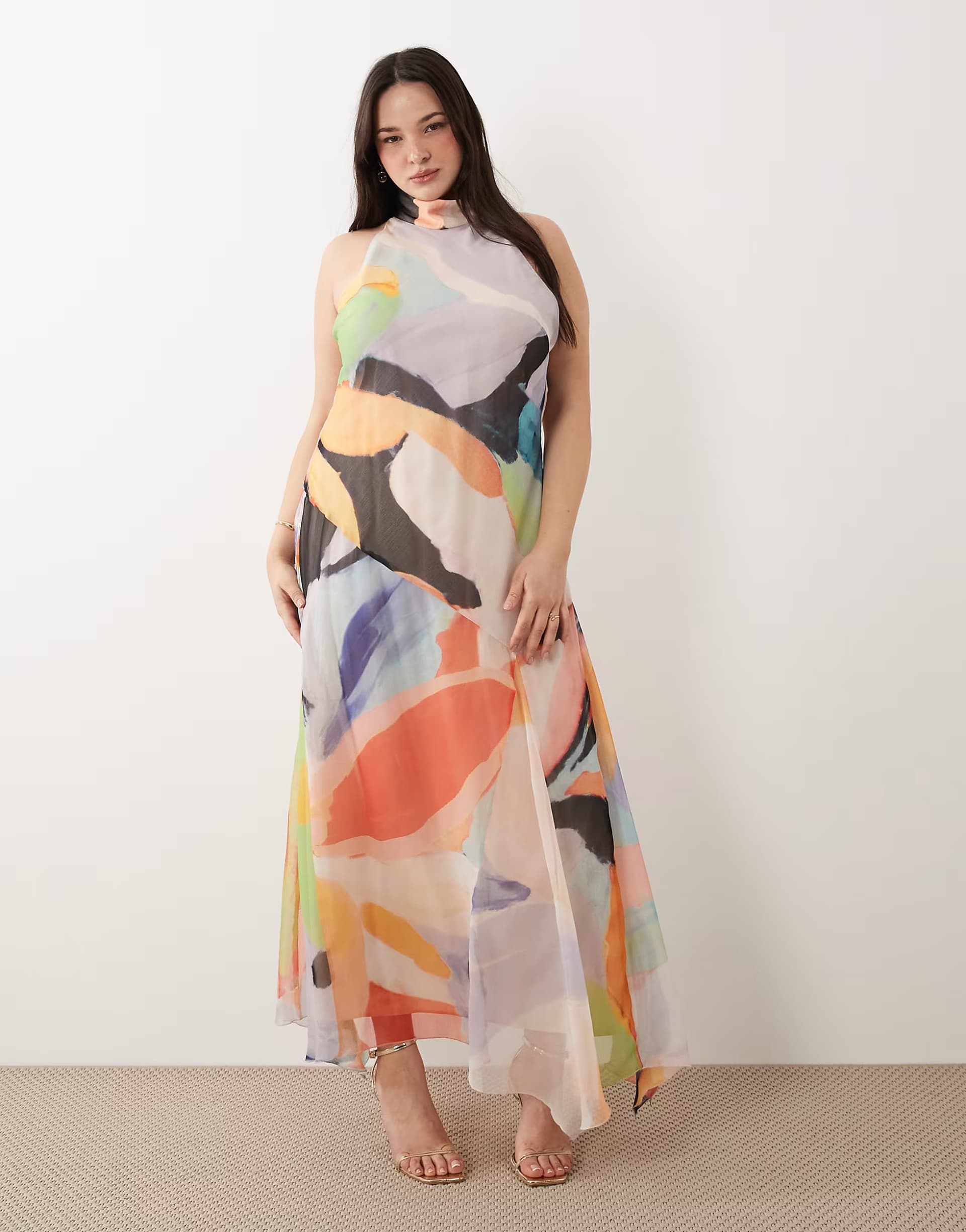 ASOS ASOS DESIGN Curve chiffon high neck maxi dress in multi abstract print