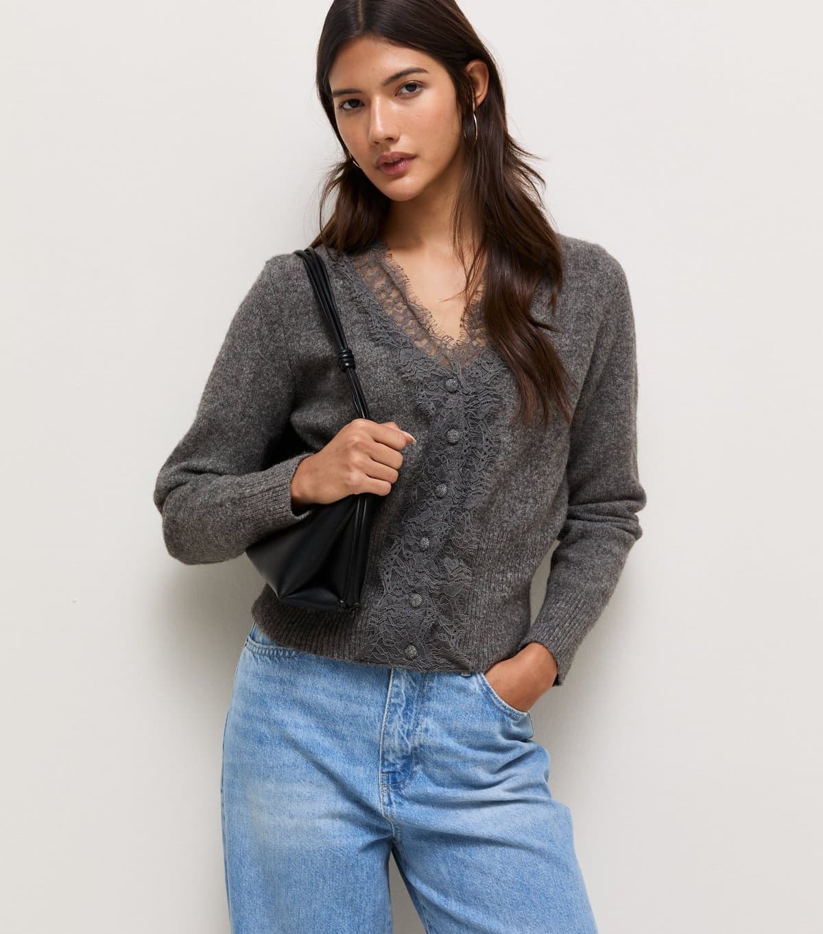 New Look Women's Grey Lace Placket Cardigan New Look