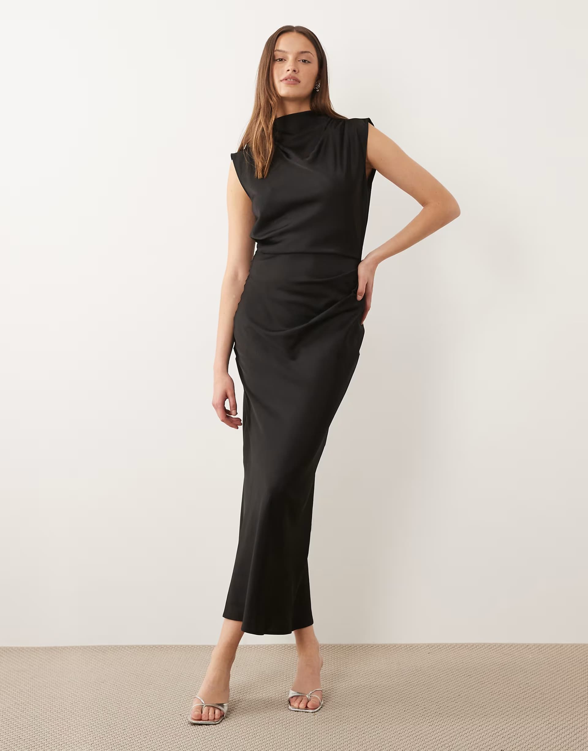 ASOS ASOS DESIGN Tall satin high neck pleated bodice midi dress in black