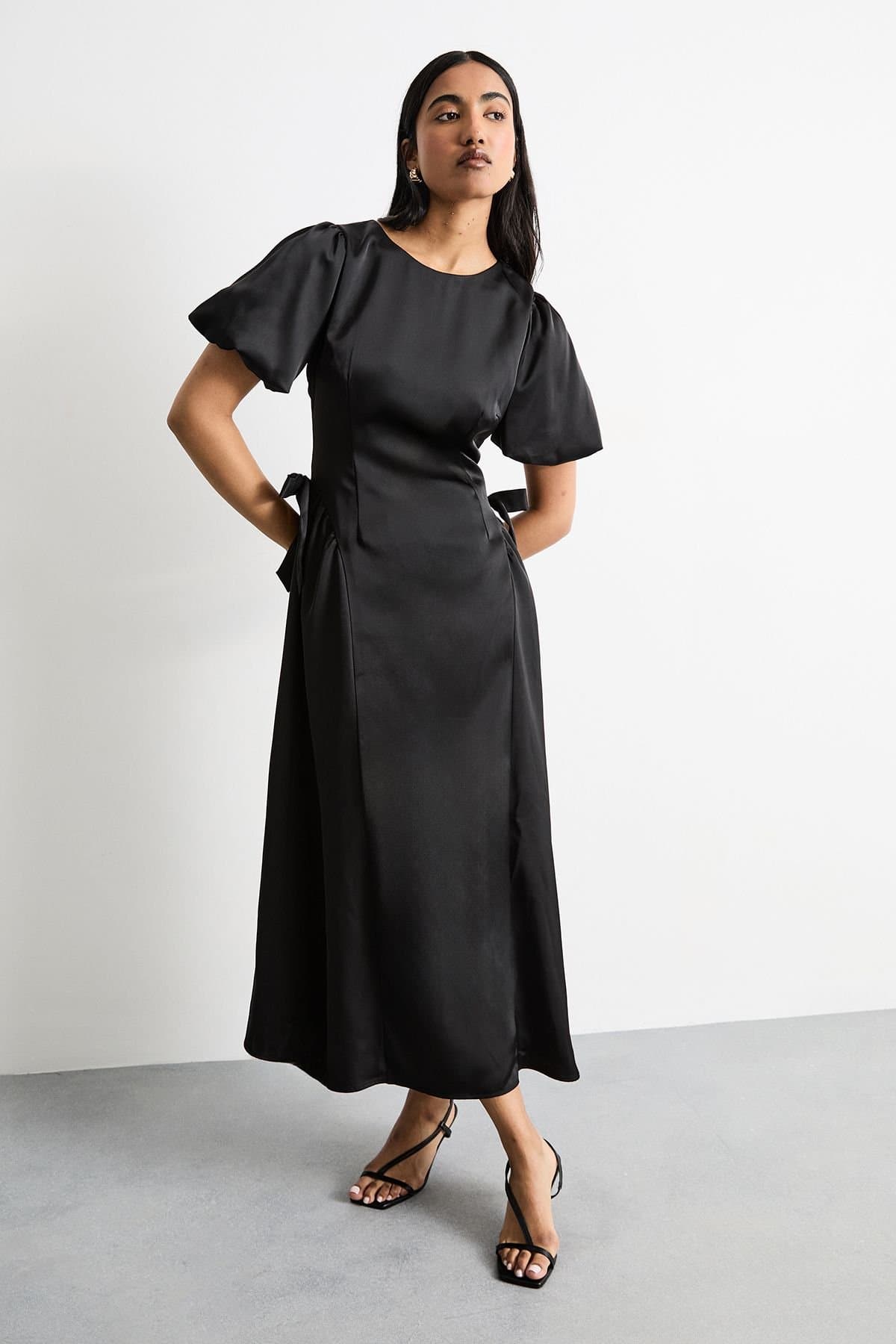 Warehouse Warehouse Women's Heavy Satin Bow Detail Godet Midi Dress in Black