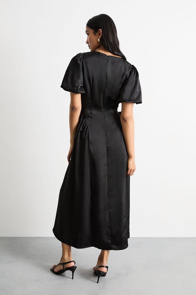 Warehouse Warehouse Women's Heavy Satin Bow Detail Godet Midi Dress in Black - 3