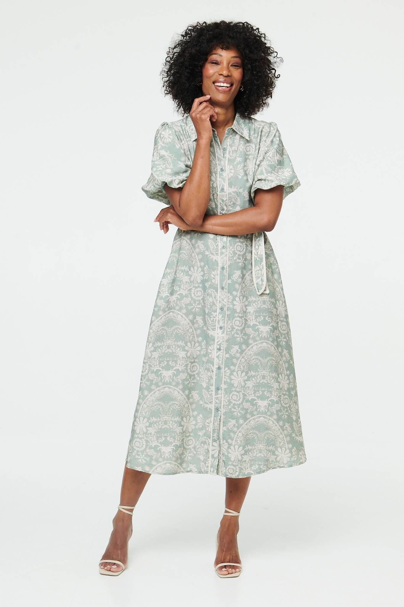 Izabel London Izabel London Women's Printed Puff Sleeve Tie Midi Shirt Dress in Green
