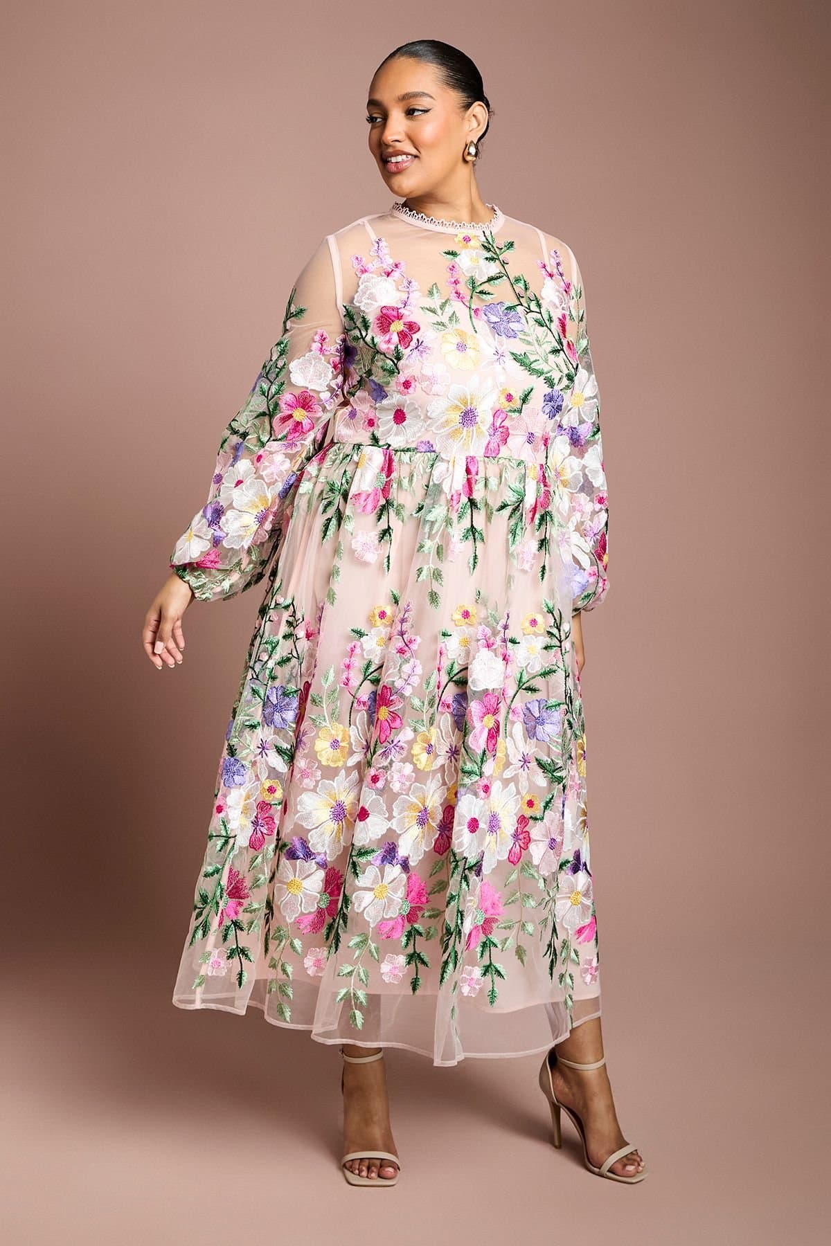 Coast Coast Women's Plus Muse Long Sleeve Embroidered Maxi Dress in Peach