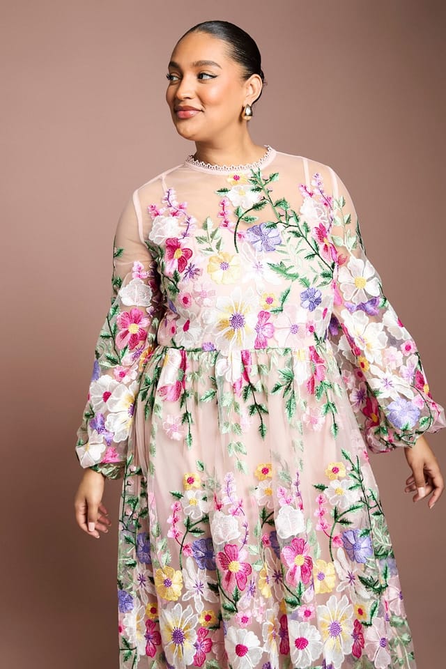 Coast Coast Women's Plus Muse Long Sleeve Embroidered Maxi Dress in Peach - 2