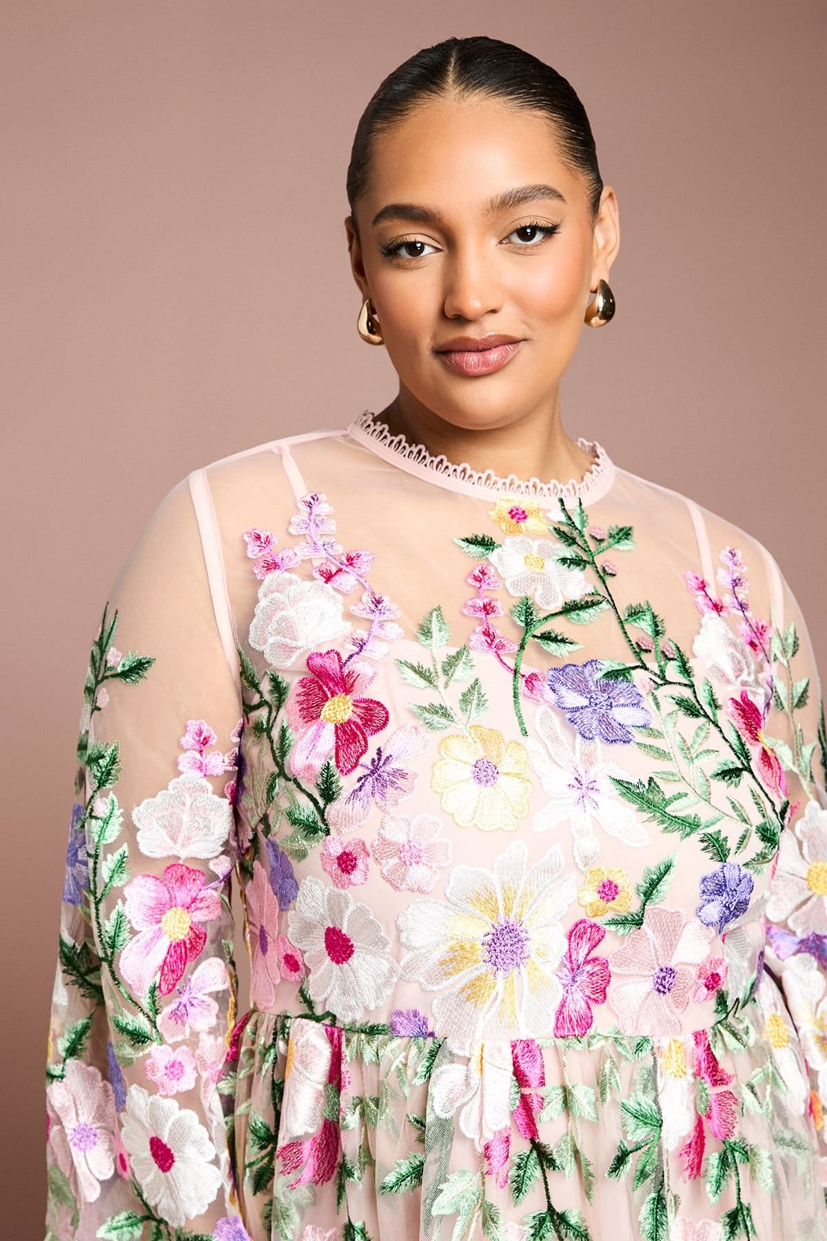 Coast Coast Women's Plus Muse Long Sleeve Embroidered Maxi Dress in Peach - 4