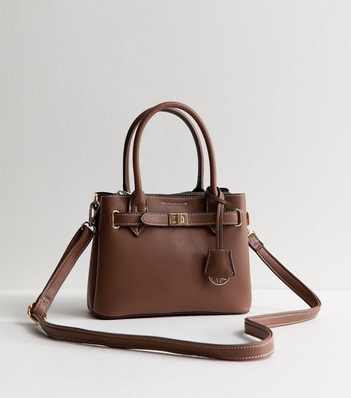 New Look Dark Brown Faux Leather Mini Triple Compartment Tote Bag New Look