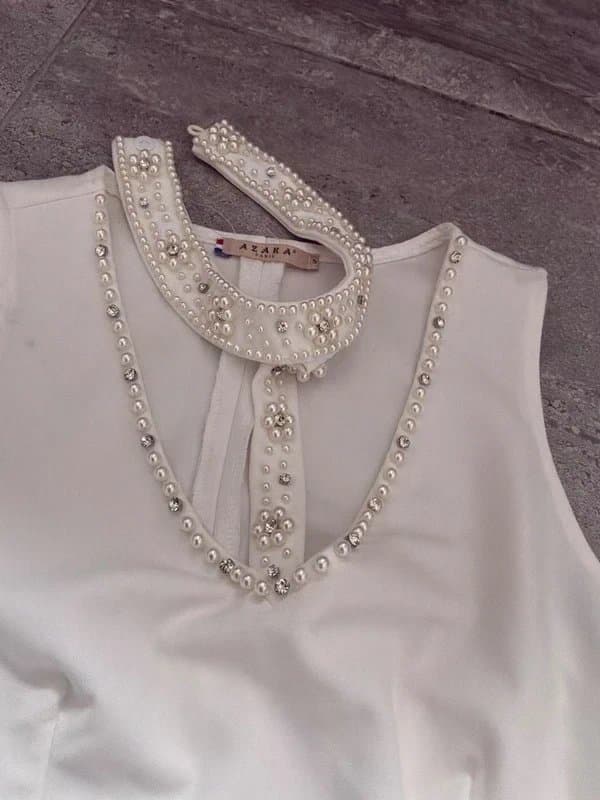 AZAKA Paris Azaka Paris white beaded neck detail blouse top size S