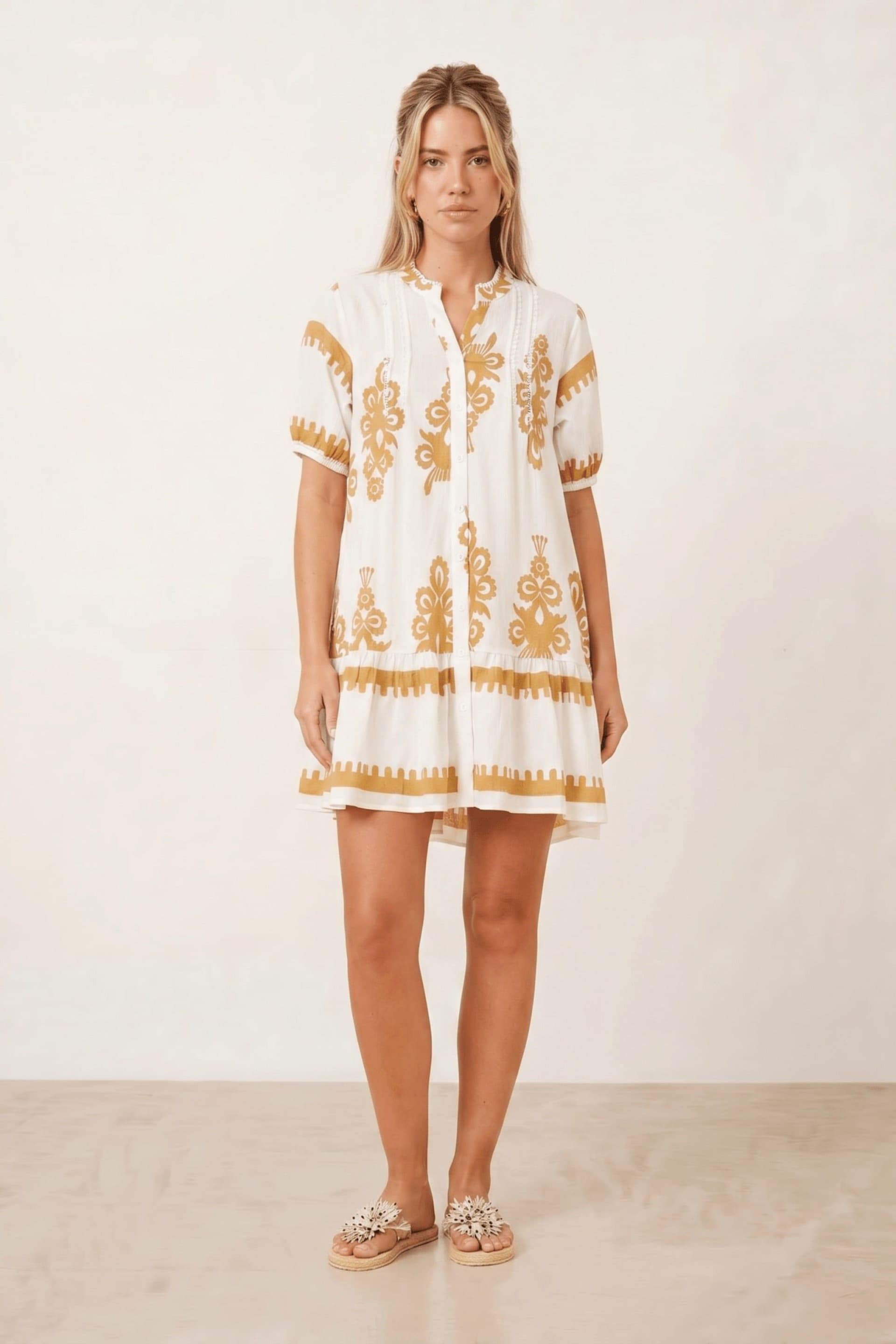Style Cheat Style Cheat Women's Beige & White Placement Print Mini Dress
