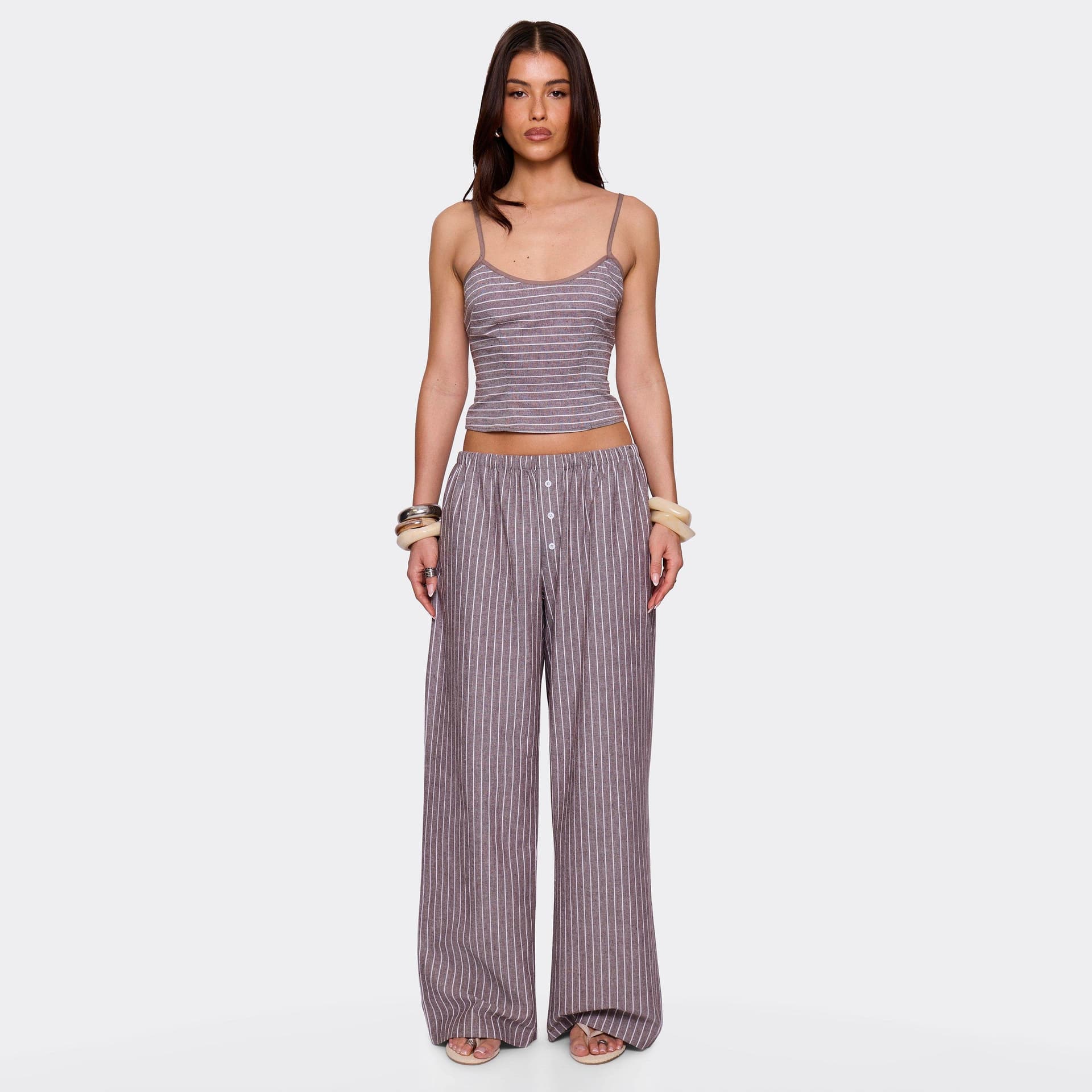 EGO Popper Button Front Wide Leg Trousers In Brown Pinstripe, Women's Size UK L