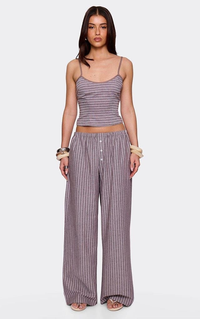 EGO Popper Button Front Wide Leg Trousers In Brown Pinstripe, Women's Size UK L - 2
