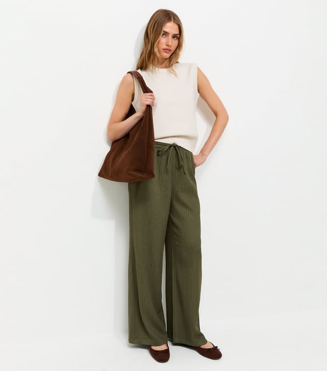 New Look Women's Dark Khaki Ribbed Texture Wide Leg Trousers New Look - 3