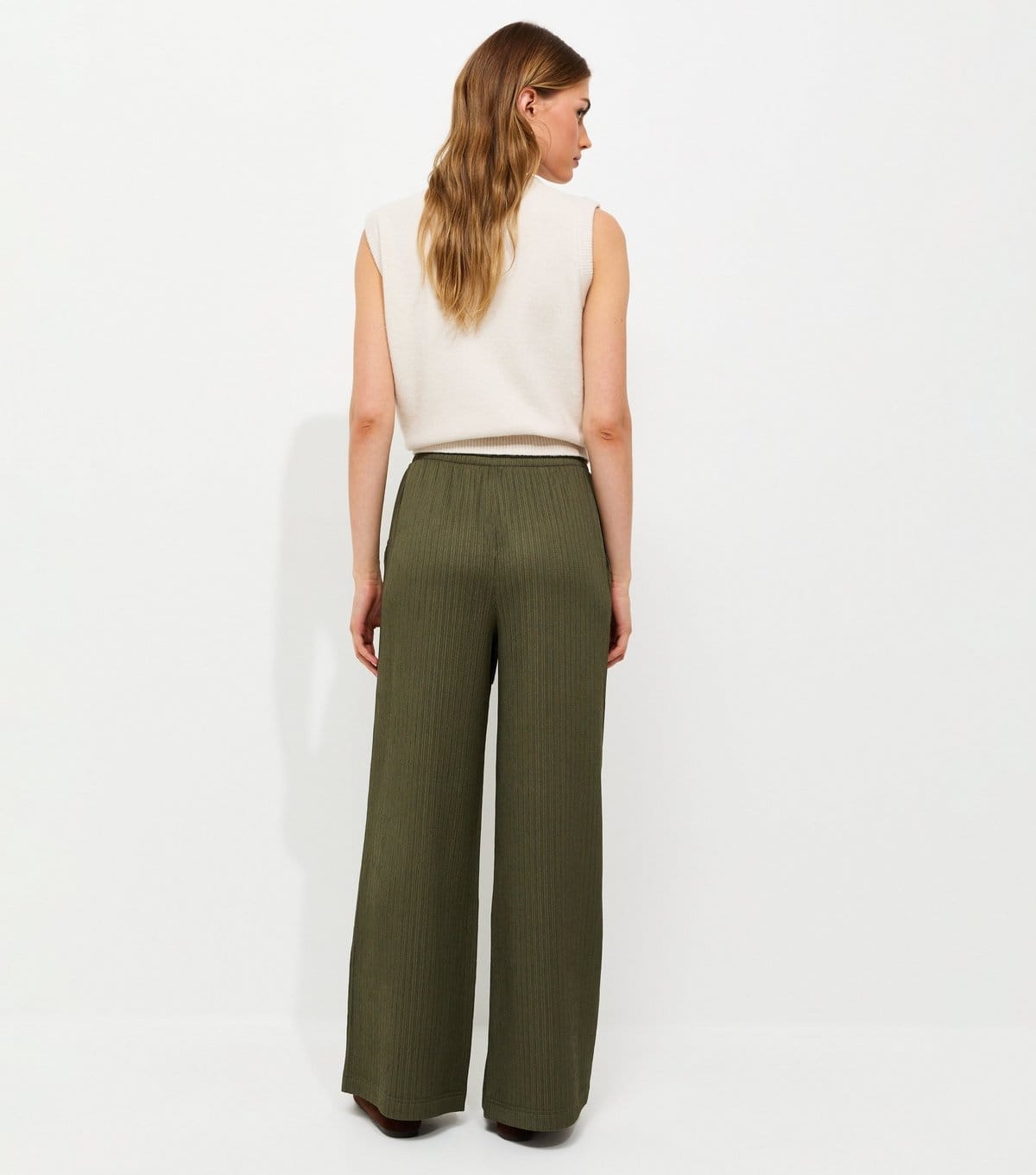 New Look Women's Dark Khaki Ribbed Texture Wide Leg Trousers New Look - 4