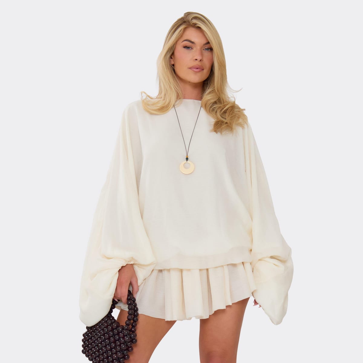 EGO Long Balloon Sleeve Puffball Mini Dress In Cream Chiffon, Women's Size UK 6 - 1
