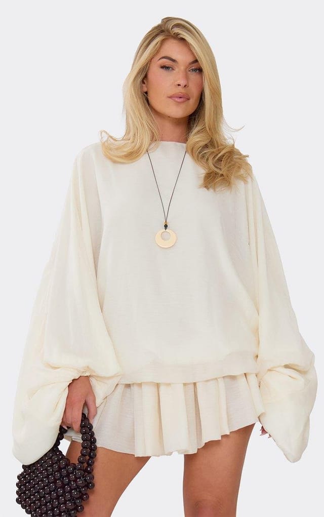 EGO Long Balloon Sleeve Puffball Mini Dress In Cream Chiffon, Women's Size UK 6 - 2