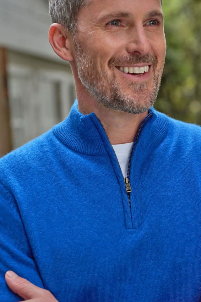 WoolOvers WoolOvers Men's Mens Cashmere & Merino Zip Neck Jumper in Bright Blue - 2