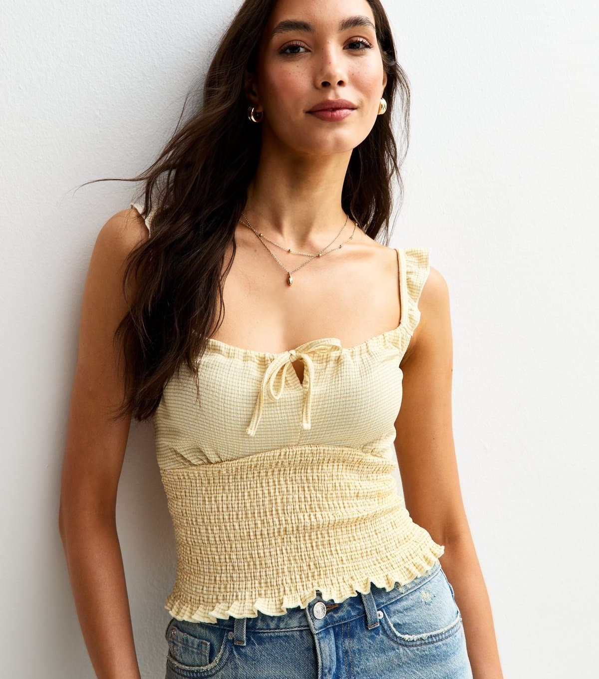 New Look Women's Yellow Check Print Frill Sleeve Shirred Cami Top New Look