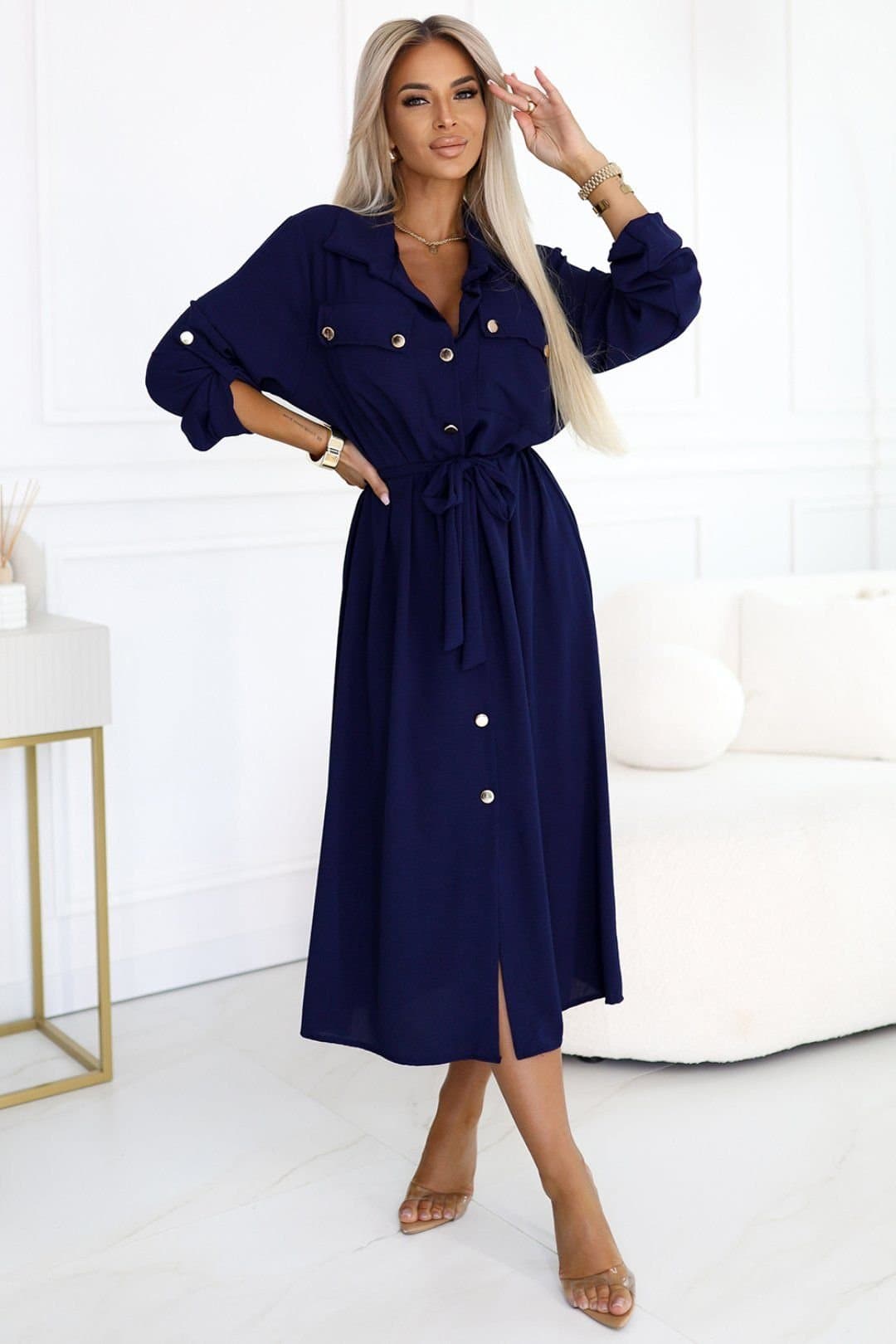 Love Lace Love Lace Women's Navy Midi Shirt Dress with Gold Buttons in Blue