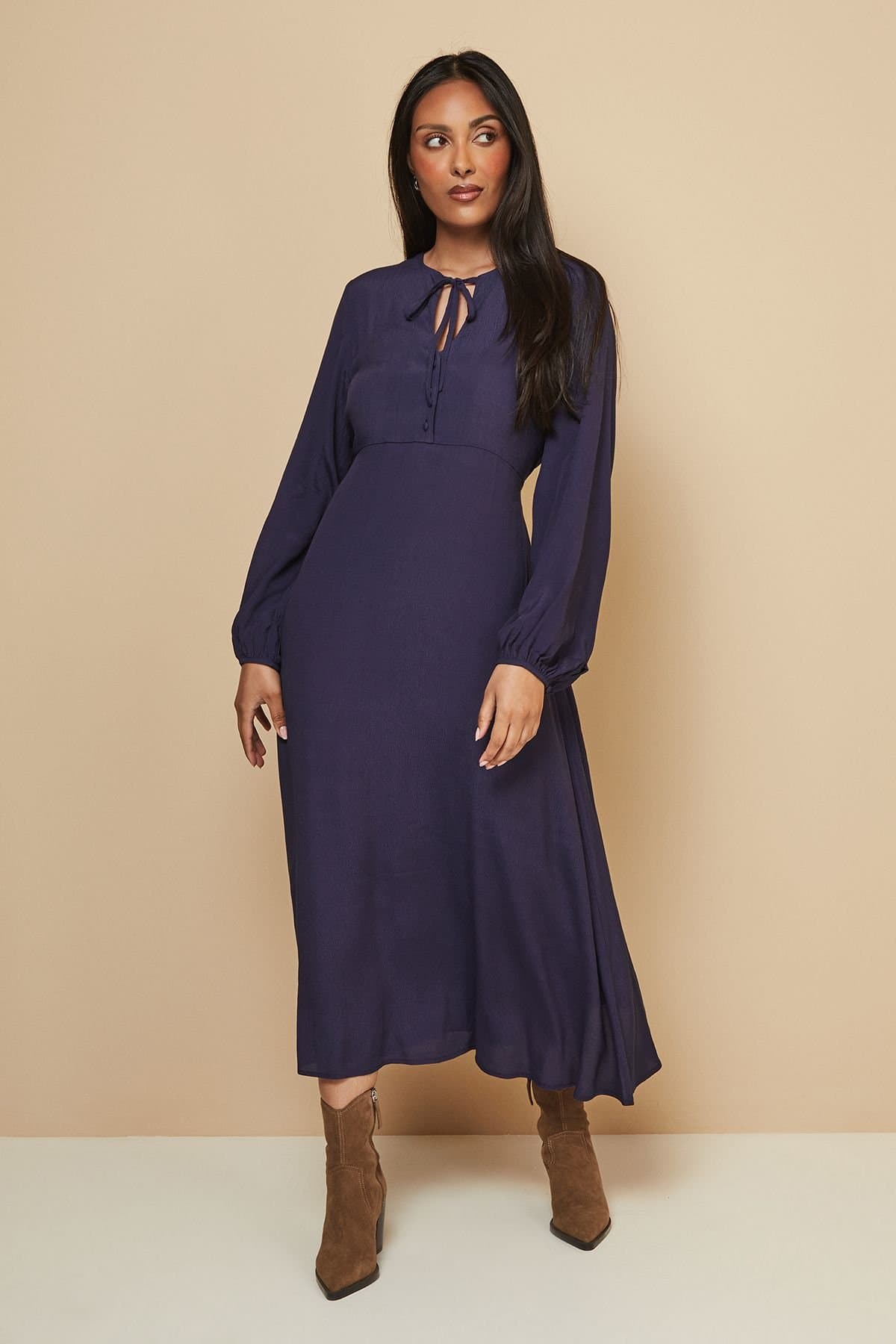 Wallis Wallis Women's Petite Viscose Tie Front Midi Dress in Navy