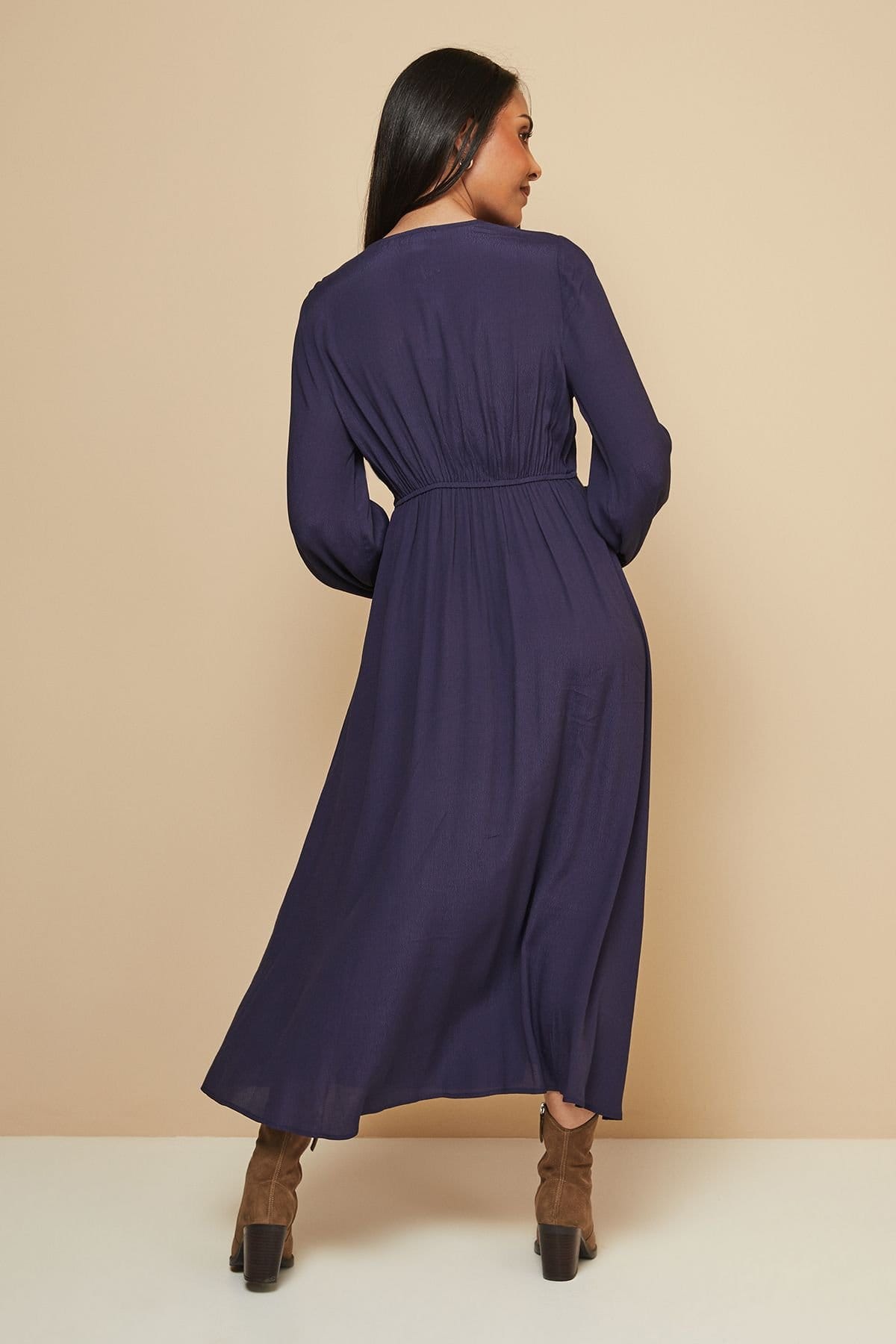 Wallis Wallis Women's Petite Viscose Tie Front Midi Dress in Navy - 4