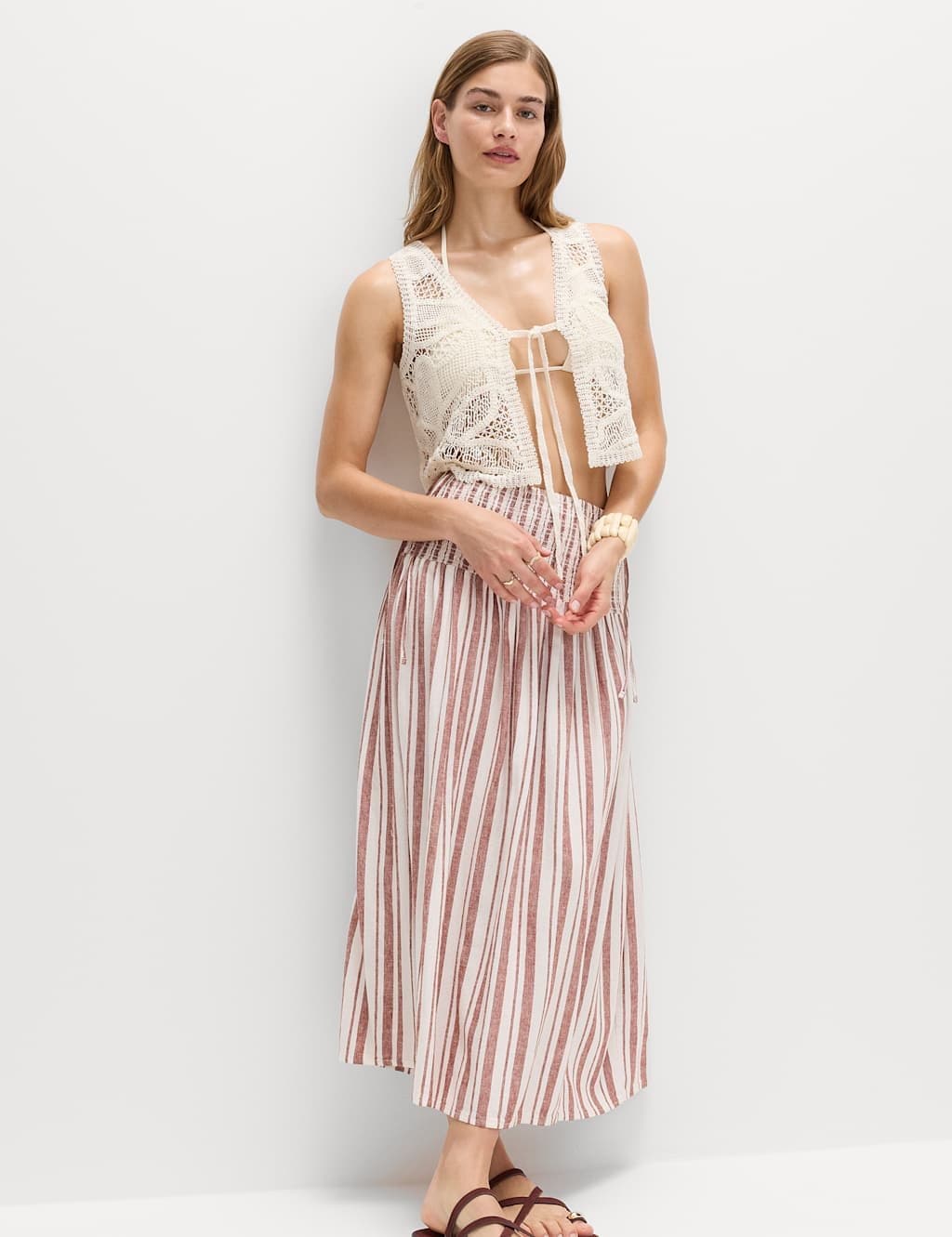 Marks & Spencer M&S Linen Rich Shirred Tie Detail Maxi Skirt Brown Mix