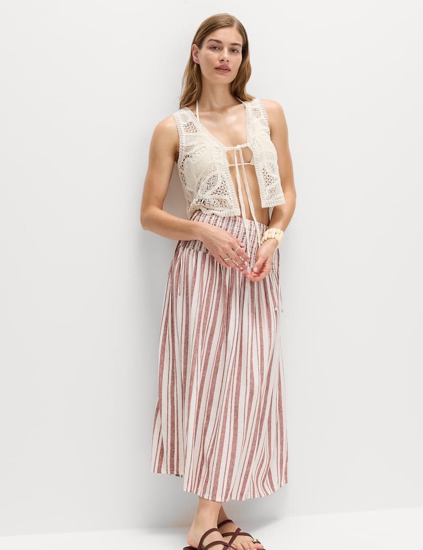 Marks & Spencer M&S Linen Rich Shirred Tie Detail Maxi Skirt Brown Mix - 1