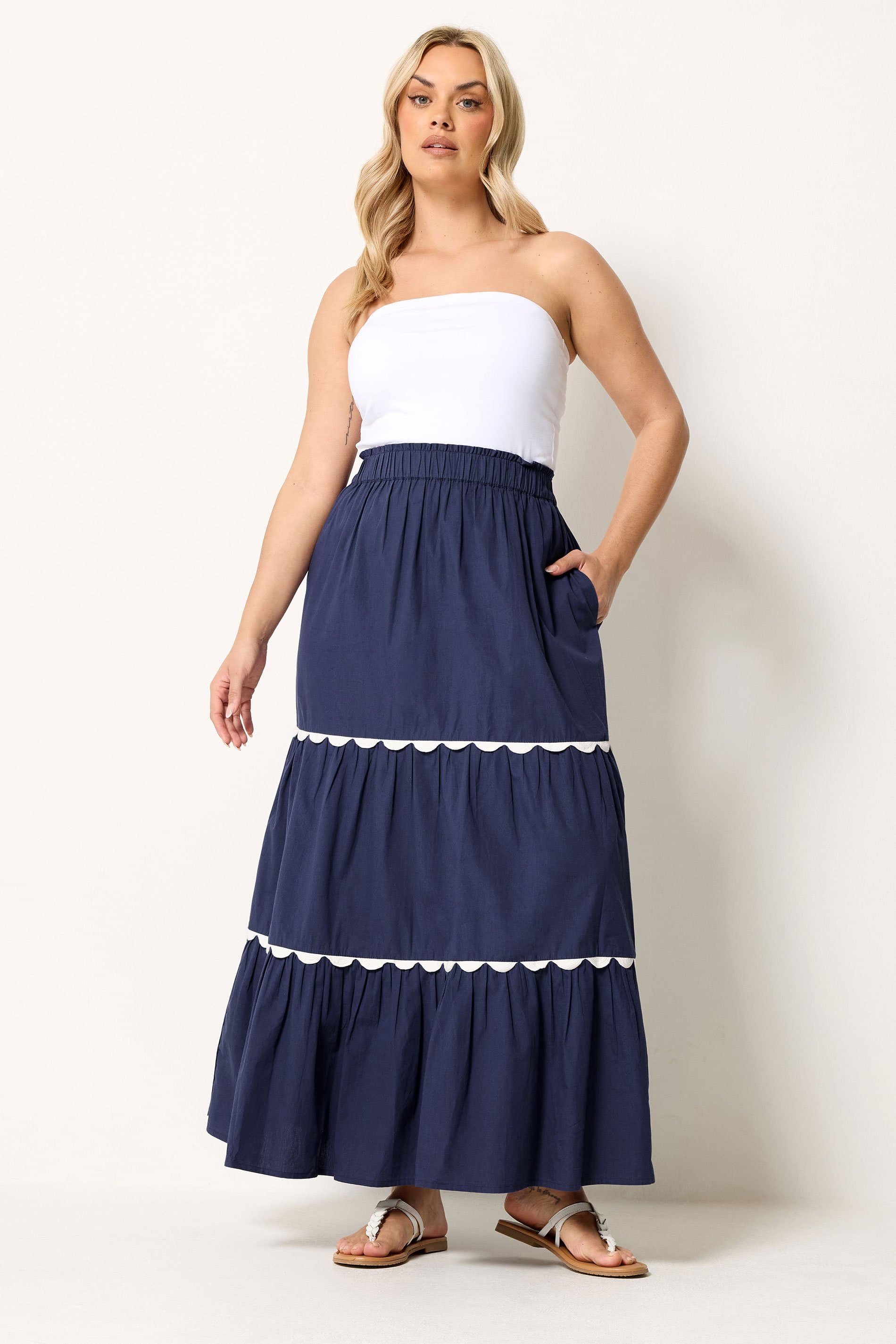 Yours Plus Size Navy Blue Scallop Trim Maxi Skirt