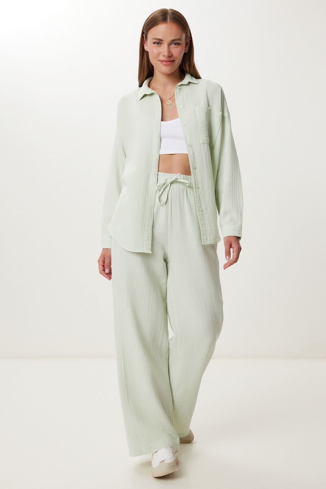 Happiness Istanbul Happiness Istanbul Women's High Waist Wide Leg Two-Piece Co-ord Set with Shirt Collar in Mint