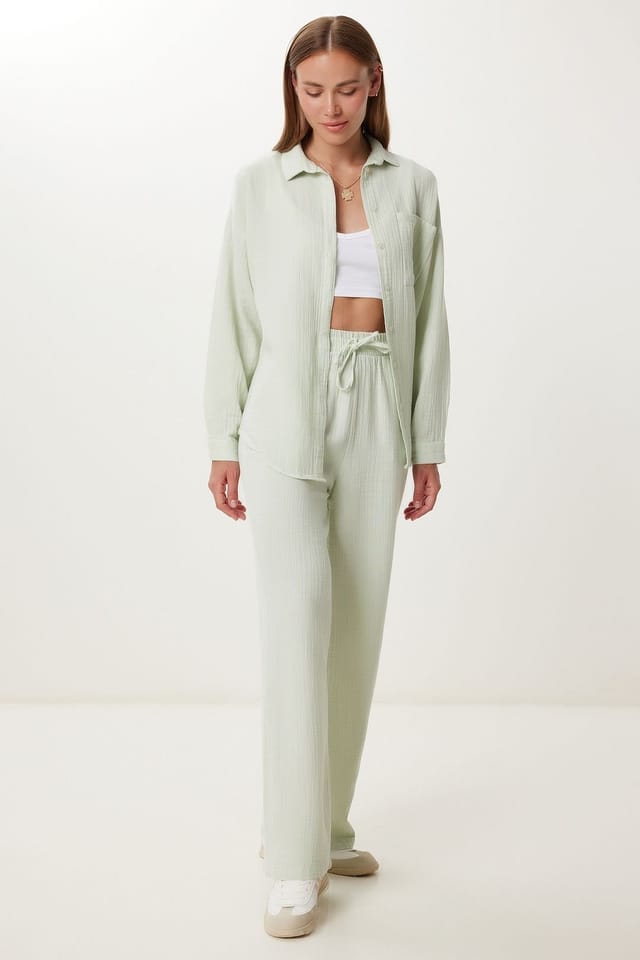Happiness Istanbul Happiness Istanbul Women's High Waist Wide Leg Two-Piece Co-ord Set with Shirt Collar in Mint - 2