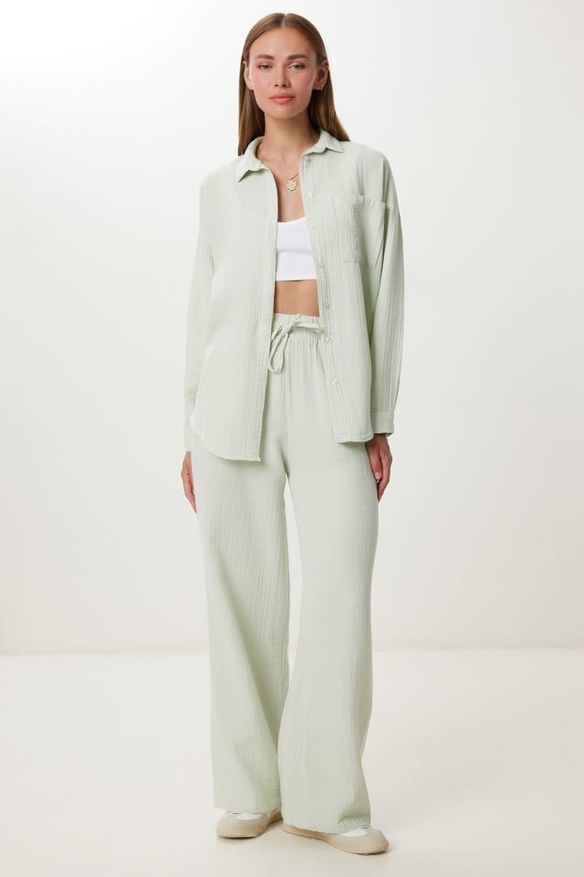 Happiness Istanbul Happiness Istanbul Women's High Waist Wide Leg Two-Piece Co-ord Set with Shirt Collar in Mint - 3
