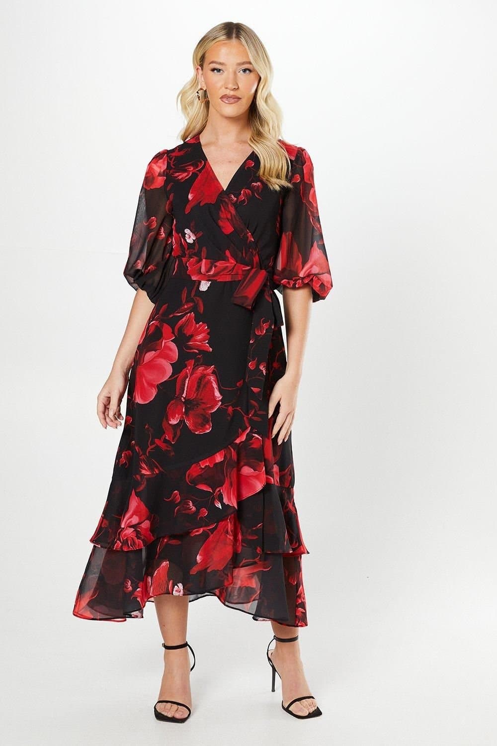 Debut London Debut London Women's By Coast Printed Chiffon Tiered Wrap Dress