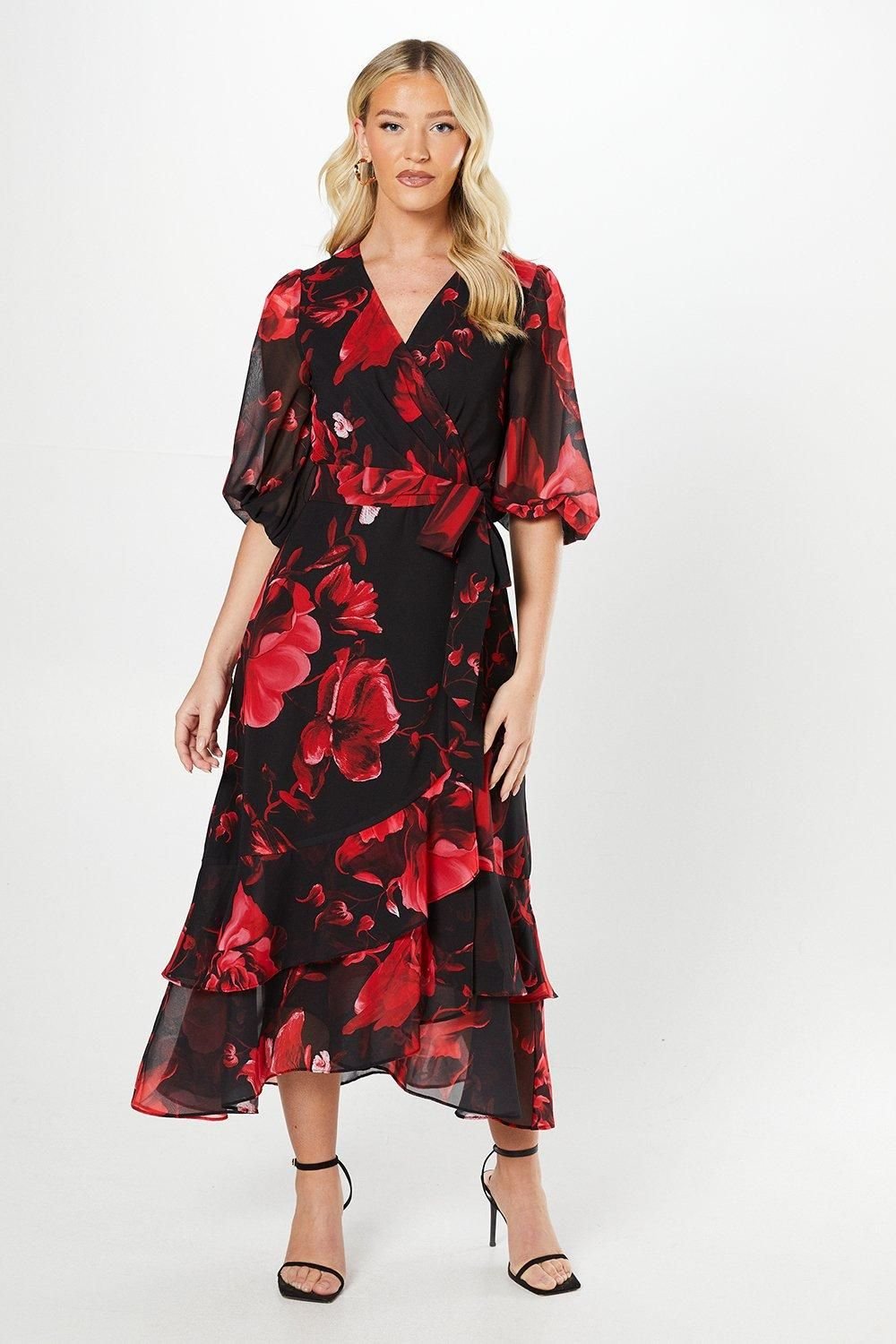 Debut London Debut London Women's By Coast Printed Chiffon Tiered Wrap Dress - 2
