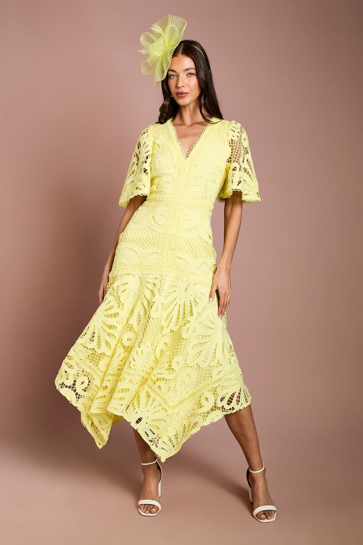 Coast Coast Women's Placement Lace Hanky Hem Dress in Lemon