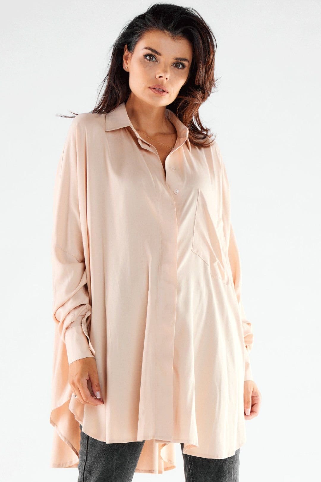 Love Lace Beige Oversized Long Sleeve Shirt Dress