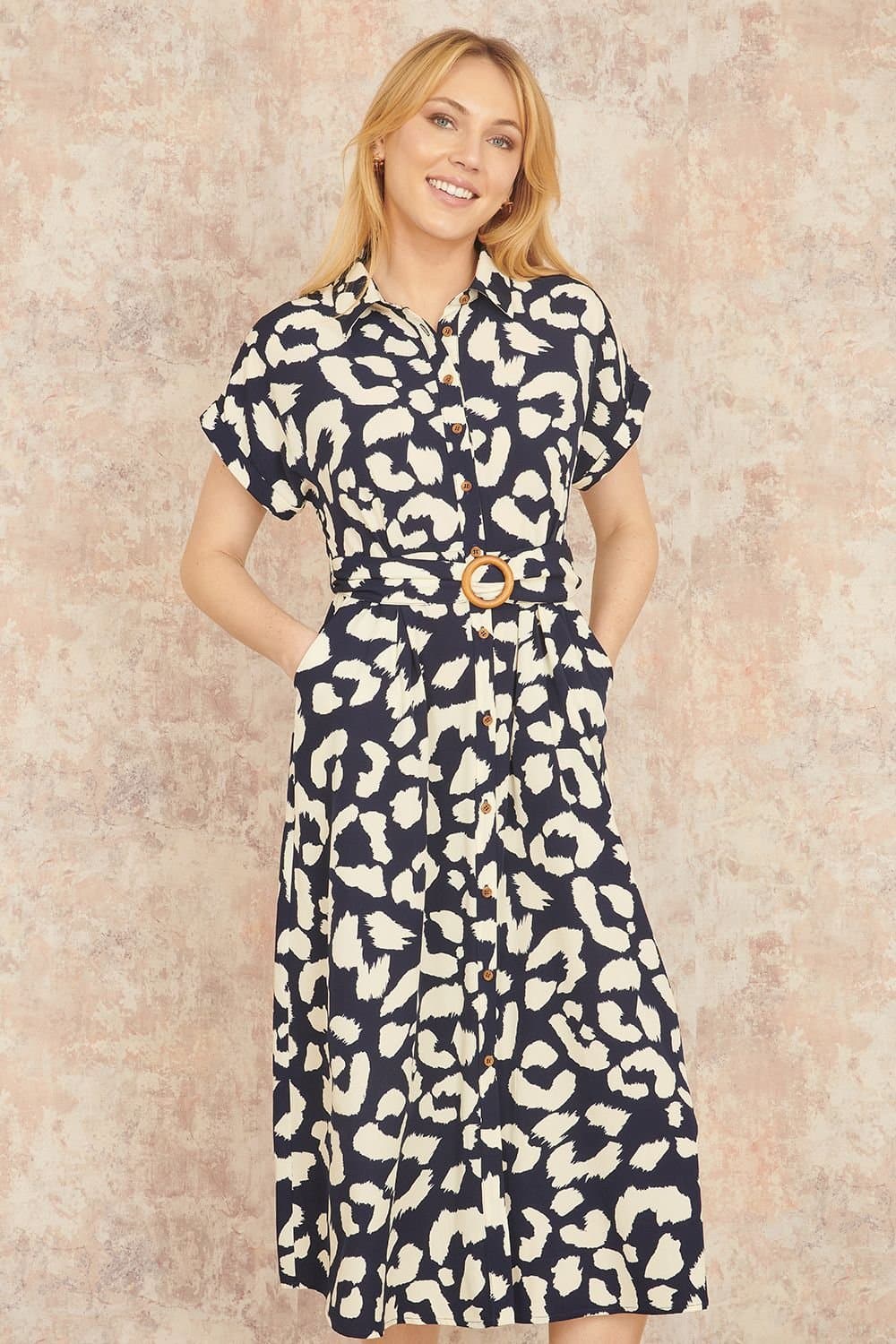 Yumi Yumi Women's Navy Abstract Animal Print Relaxed Midi Shirt Dress With Belt