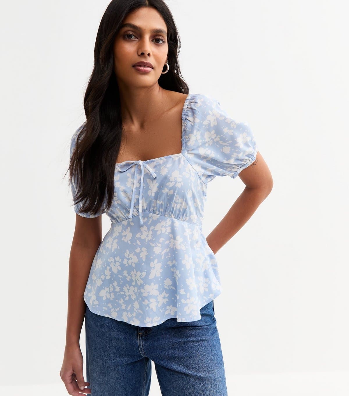 New Look Women's Blue Floral Print Peplum Top New Look